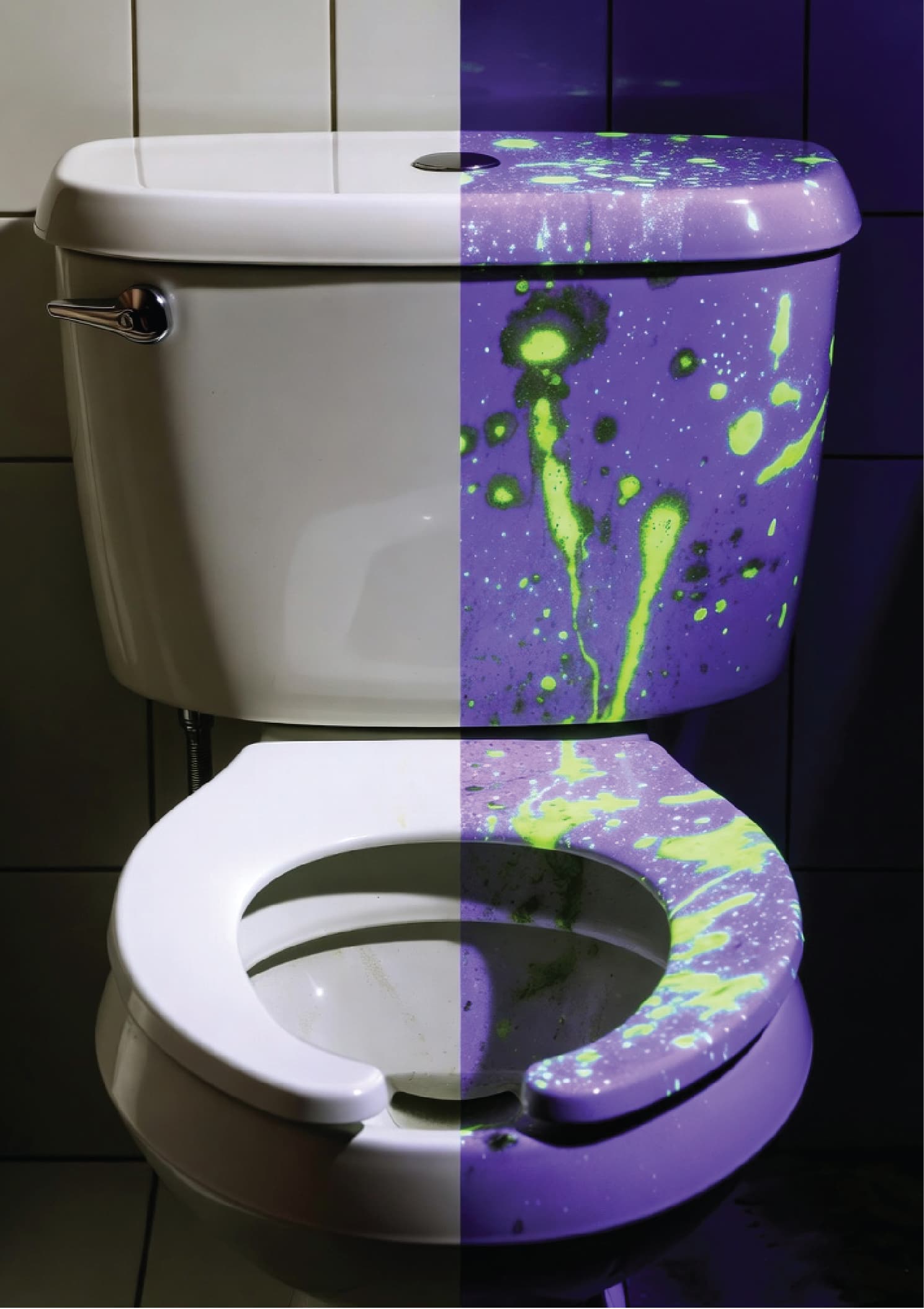 Toilet under normal light next to the same toilet under blacklight, revealing hidden contamination